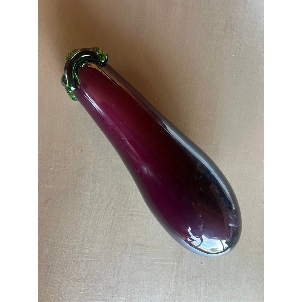 Vintage Art Glass Eggplant 9.5" Purple Green Hand Blown Veggie Paperweight